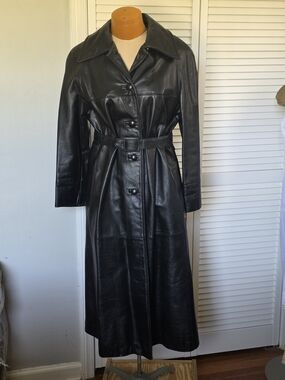 Vintage Ms. Courtney Genuine Leather Trench Coat Black Belted Union Made USA